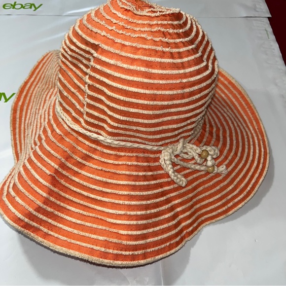 Peach Beige Striped Beach Hat Straw Floppy Resort Hat Wide Brim Textured Stripes - Picture 2 of 14